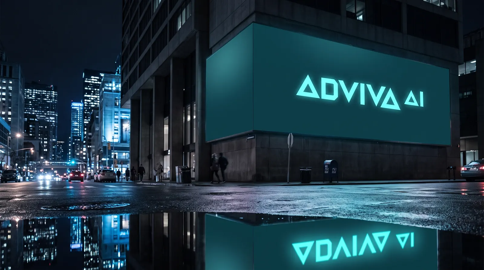 An AdViva AI billboard glowing above a city street at night